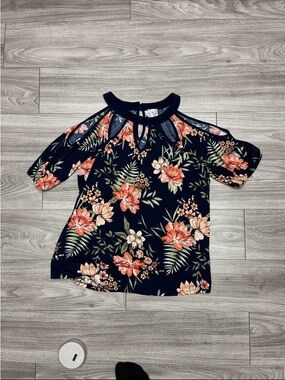 NAIF Navy Cold-Shoulder Floral Blouse with Coral Blooms